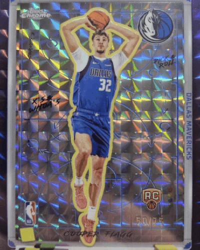 Cooper-Flagg-2025-Topps-Chrome-XW-8-Xs Whoas-Purple-Geometric-Refractor-75 Cooper Flagg Trading Card: Auto 2025 Topps Havoc Marks RC