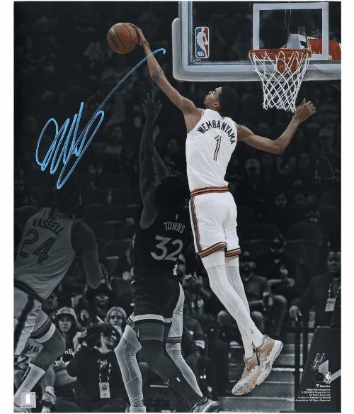 Victor-Wembanyama-San-Antonio-Spurs-Autographed-16-x-20-Spotlight-Block-Photograph Victor Wembanyama Autographed Poster: 'Spotlight Block' Photo